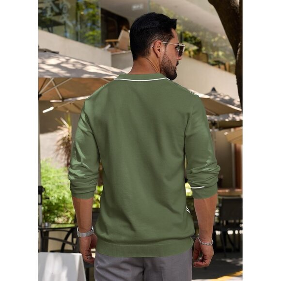 Men's Knit Polo Sweater Long Sleeve Striped Thermal Button Collar Sweater Green - Picture 3 of 7